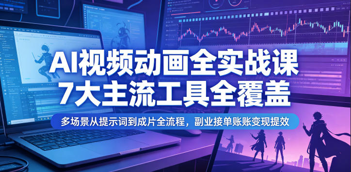 AI视频动画全实战课,7大主流工具全覆盖,多场景从提示词到成片全流程,副业接单账号变现提效-玩备项目资源网