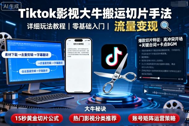 Tiktok影视大牛搬运切片手法，详细玩法教程-玩备项目资源网