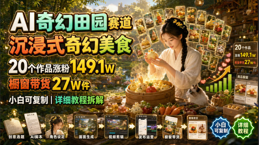 AI奇幻田园赛道,沉浸式奇幻美食,20个作品涨粉149.1W,橱窗带货27W件,小白可复制,详细教程拆解-玩备项目资源网