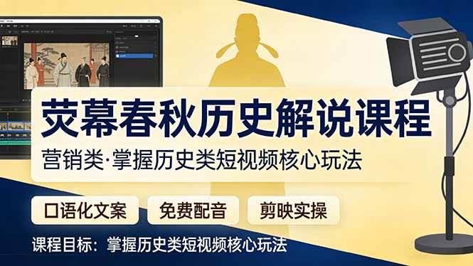 （17686期）荧幕春秋历史(营销类）解说课程：口语化文案+免费配音+剪映实操，掌握历史类短视频核心玩法-玩备项目资源网