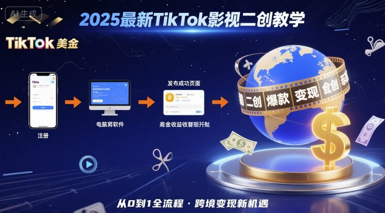 2025年最新TikTok影视二创教学，从注册到发布撸美金全流程，跨境变现新机遇-玩备项目资源网