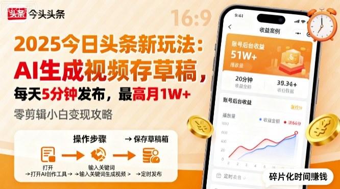 2025年今日头条躺賺新玩法，AI生成视频存草稿，每天5分钟发布，最高月1W+【揭秘】-玩备项目资源网