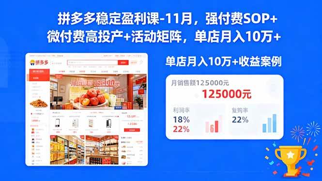 （16473期）拼多多稳定盈利课-11月，强付费SOP+微付费高投产+活动矩阵，单店月入10万+-玩备项目资源网