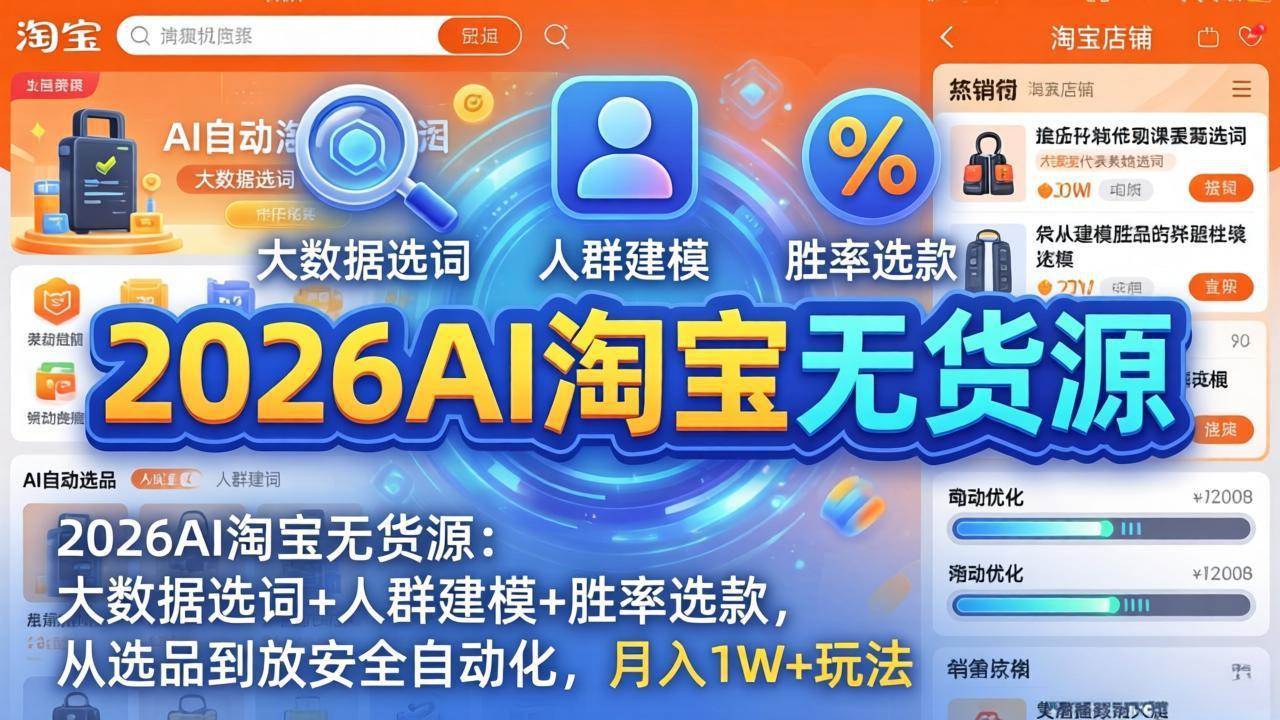（18046期）2026AI淘宝无货源-4月更新：大数据选词+人群建模+胜率选款，从选品到放大全自动化，月入1W+玩法-玩备项目资源网