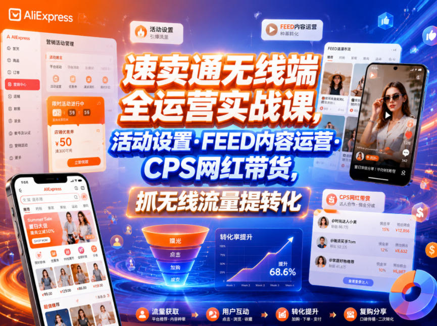 速卖通无线端全运营实战课，活动设置・FEED内容运营・CPS网红带货，抓无线流量提转化-玩备项目资源网