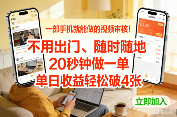 一部手机就能做的视频审核！不用出门，随时随地，20秒钟做一单，单日收益轻松破4张【揭秘】-玩备项目资源网