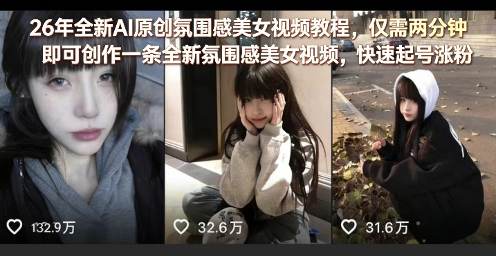 26年全新AI原创氛围感美女视频教程，仅需两分钟即可创作一条全新氛围感美女视频，快速起号涨粉-玩备项目资源网