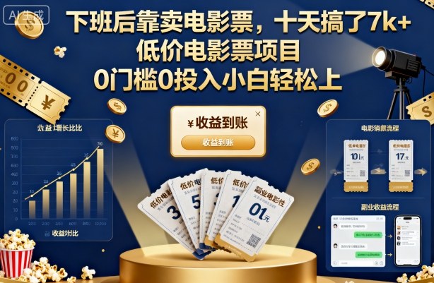 下班后靠卖电影票，十天搞了7k+，低价电影票项目，0门槛0投入小白轻松上手【揭秘】-玩备项目资源网