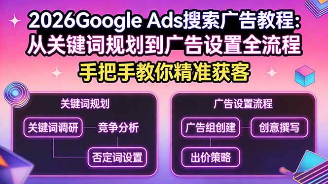 （17641期）2026Google Ads搜索广告教程：从关键词规划到广告设置全流程，手把手教你精准获客-玩备项目资源网