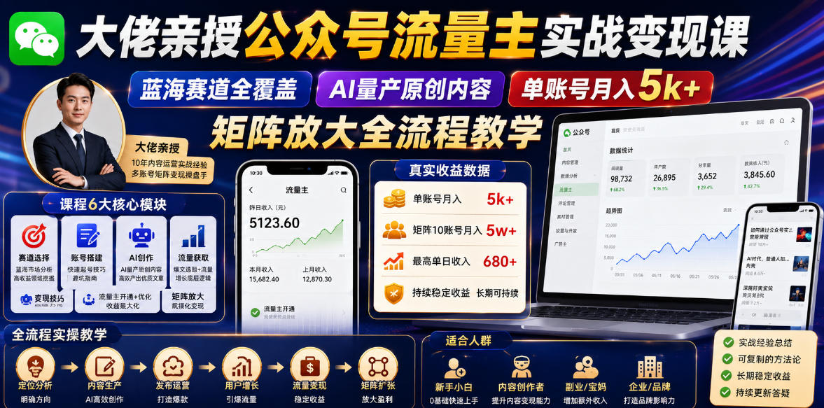 大佬亲授公众号流量主实战变现课，蓝海赛道全覆盖，AI量产原创内容，单账号月入5k+矩阵放大全流程教学-玩备项目资源网