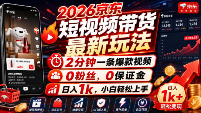 2026京东短视频带货最新玩法,2分钟一条爆款视频,0粉丝,0保证金,日入1k,小白轻松上手【揭秘】-玩备项目资源网