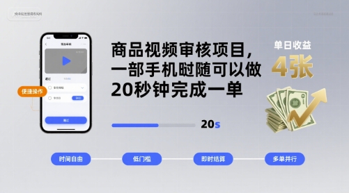 商品视频审核项目，一部手机随时随地都可以做，20秒钟完成一单，单日收益 4张【揭秘】-玩备项目资源网