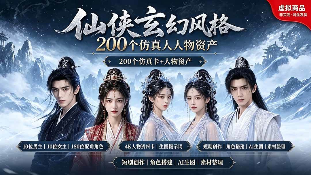(19301期)200个仙侠玄幻仿真人素材◆10男主×10女主×180配角,4K资料卡+AI生图提示词,漫剧必备-玩备项目资源网