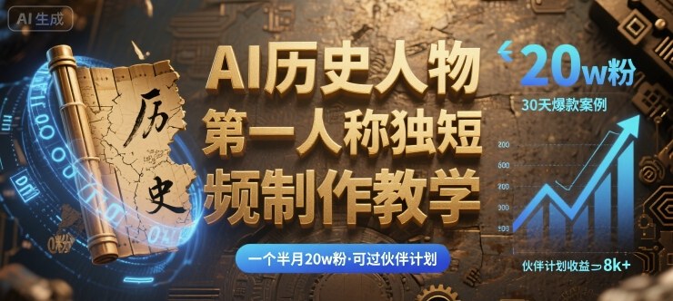 最新AI历史人物第一人称独白短视频制作教学，一个半月20w粉，可过伙伴计划-玩备项目资源网