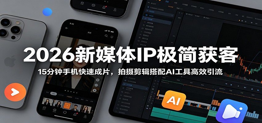 2026新媒体IP极简获客:15分钟手机快速成片,拍摄剪辑搭配AI工具高效引流-玩备项目资源网
