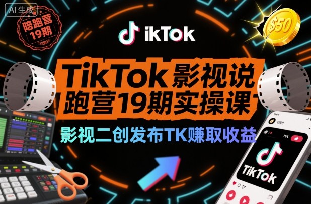 TikTok影视解说陪跑营19期实操课，影视二创发布TK賺取收益，万播收益50美金-玩备项目资源网