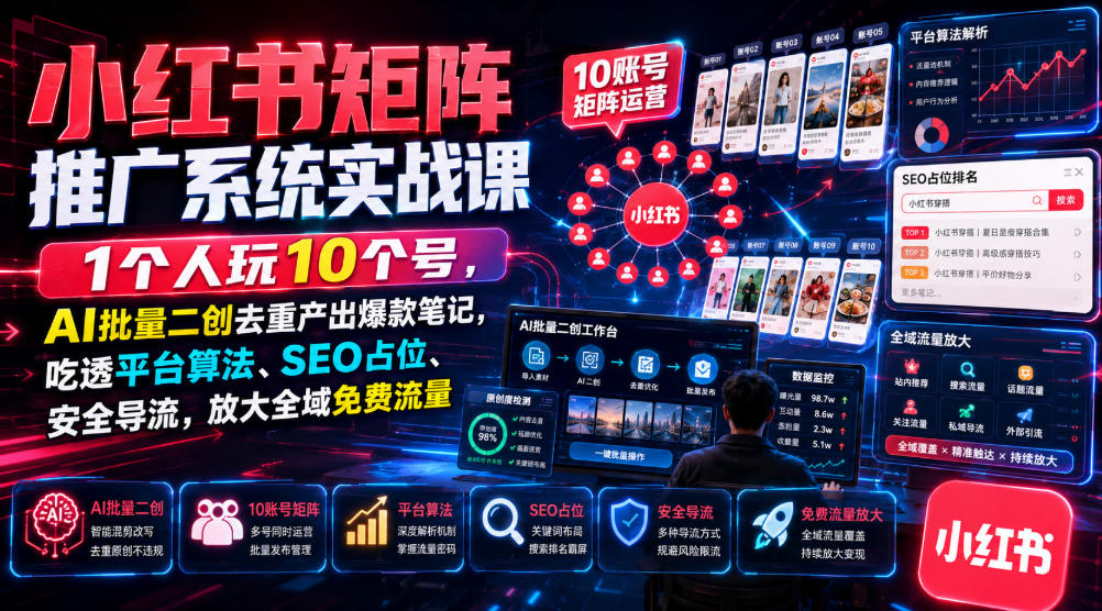小红书矩阵推广系统实战课|1个人玩10个号,AI批量二创去重产出爆款笔记,吃透平台算法、SEO占位、安全导流,放大全域免费流量-玩备项目资源网