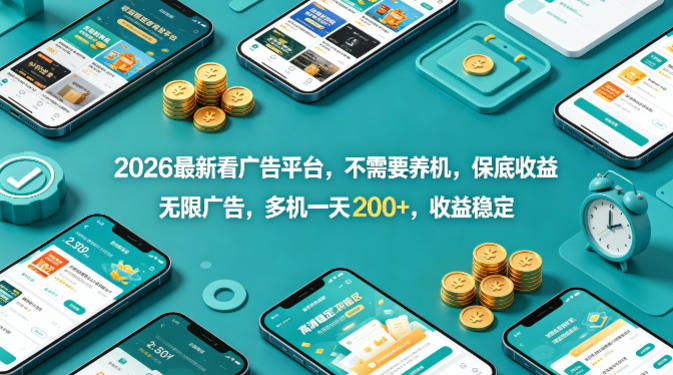 2026最新看广告平台，不需要养机，保底收益，无限广告，多机一天200+，收益稳定【揭秘】-玩备项目资源网