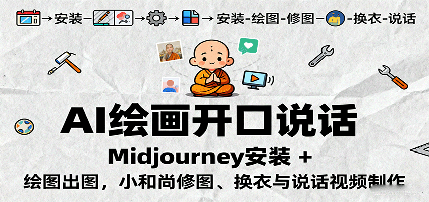 AI绘画开口说话，Midjourney安装 + 绘图出图，小和尚修图、换衣与说话视频制作-玩备项目资源网