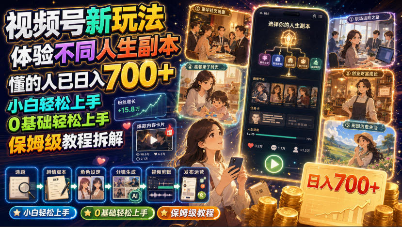 视频号新玩法体验不同人生副本,懂的人已日入700+,小白轻松上手,0基础轻松上手,保姆级教程拆解-玩备项目资源网