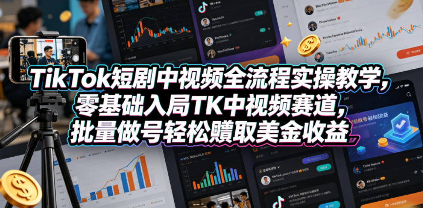 TikTok短剧中视频全流程实操教学，零基础入局TK中视频赛道，批量做号轻松賺取美金收益-玩备项目资源网