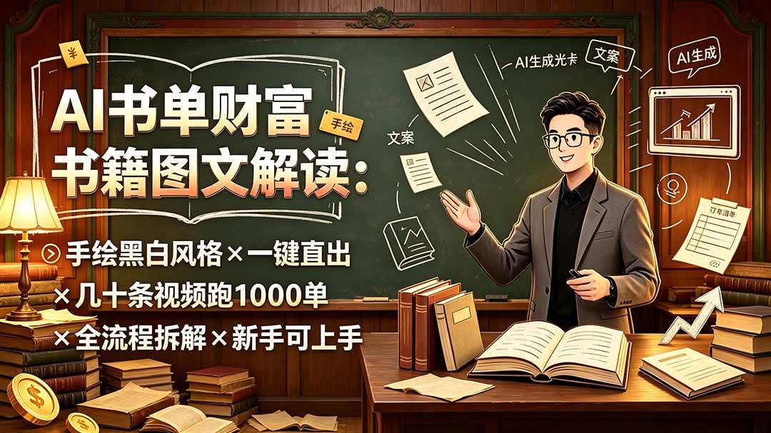 (19515期)AI书单财富书籍图文解读:手绘黑白风格×一键直出×几十条视频跑1000单×全流程拆解×新手可上手-玩备项目资源网