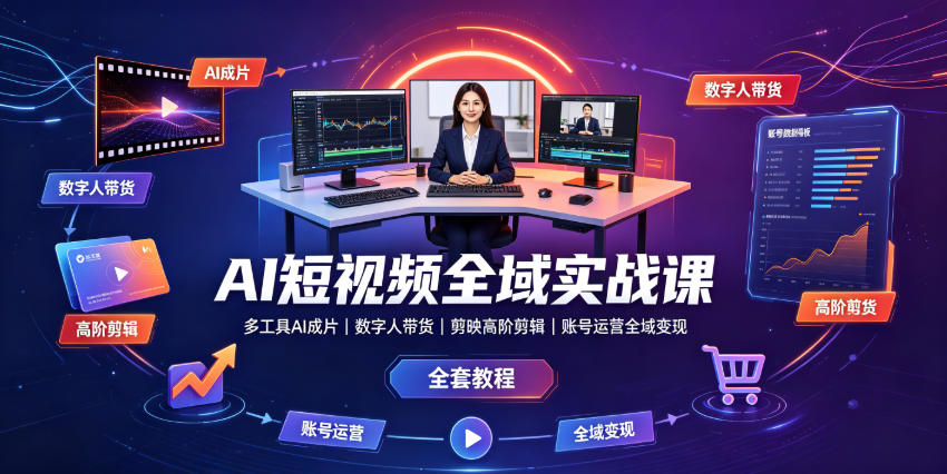 AI短视频全域实战课｜多工具AI成片、数字人带货、剪映高阶剪辑、账号运营全域变现全套教程-玩备项目资源网