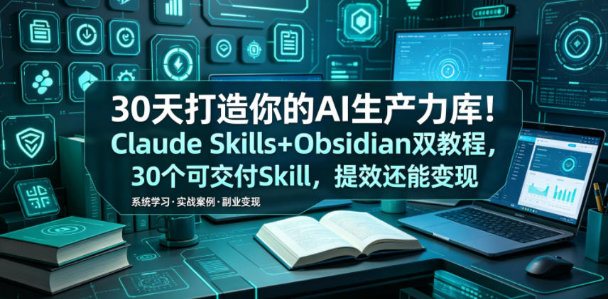 30天打造你的AI生产力库!Claude Skills+Obsidian 双教程,30 个可交付 Skill,提效还能变现-玩备项目资源网
