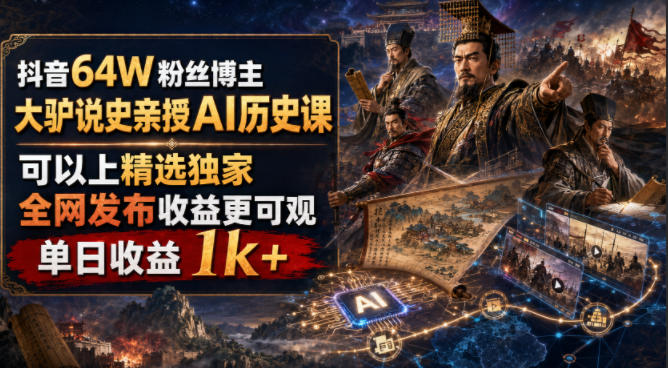抖音64W粉丝博主大驴说史亲授AI历史课,可以上精选独家,全网发布收益更可观,单日收益1k+-玩备项目资源网