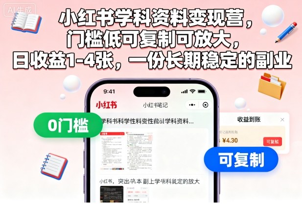 小红书学科资料变现营,门槛低可复制可放大,日收益1-4张,一份长期稳定的副业-玩备项目资源网