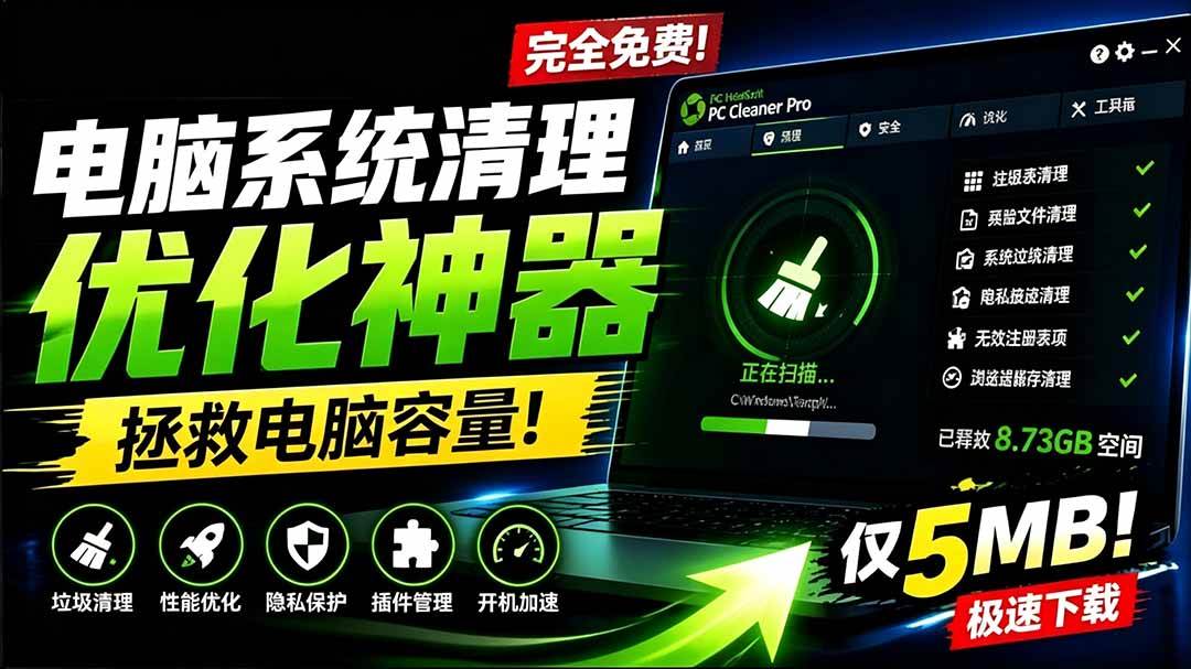 （19282期）轻松吊打Win系统自带工具！电脑清理优化神器，拯救电脑容量，仅5MB，完全免费使用 PC Cleaner Pro-玩备项目资源网