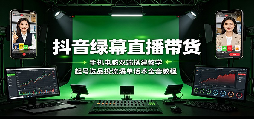 抖音绿幕直播带货:手机电脑双端搭建教学,起号选品投流爆单话术全套教程-玩备项目资源网