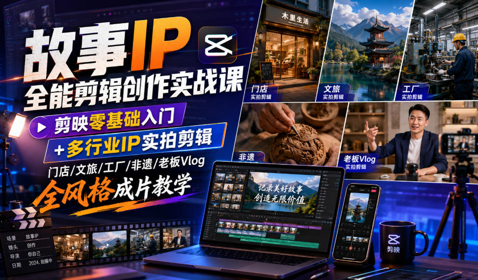 故事IP全能剪辑创作实战课|剪映零基础入门+多行业IP实拍剪辑,门店/文旅/工厂/非遗/老板Vlog全风格成片教学-玩备项目资源网