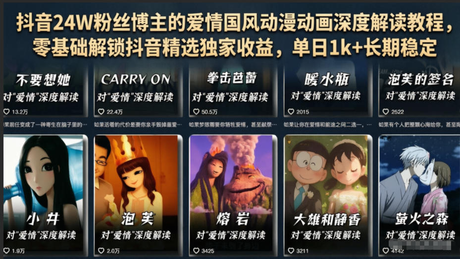 抖音24W粉丝博主的爱情国风动漫动画深度解读教程,零基础解锁抖音精选独家收益,单日1k+长期稳定-玩备项目资源网