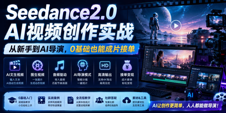 Seedance2.0 AI视频创作实战,从新手到AI导演,0基础也能成片接单变现-玩备项目资源网