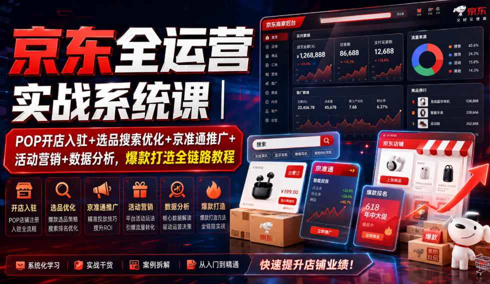 京东全运营实战系统课｜POP开店入驻+选品搜索优化+京准通推广+活动营销+数据分析，爆款打造全链路教程-玩备项目资源网