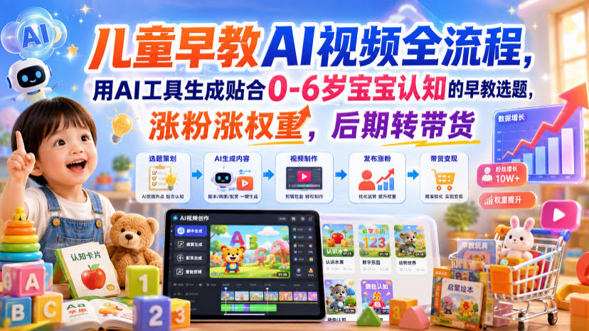 儿童早教AI视频全流程,用AI工具生成贴合0-6岁宝宝认知的早教选题,涨粉涨权重,后期转带货-玩备项目资源网
