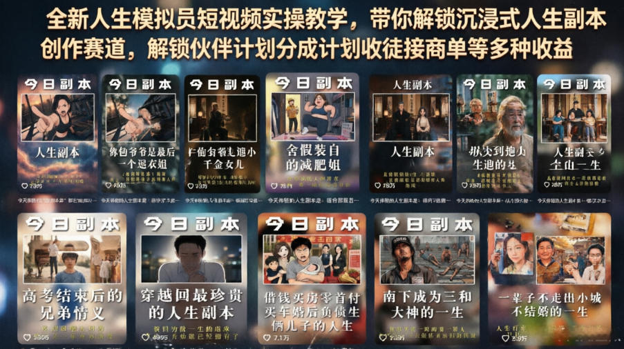 全新人生模拟员短视频实操教学，带你解锁沉浸式人生副本创作赛道，解锁伙伴计划分成计划收徒接商单等多种收益-玩备项目资源网