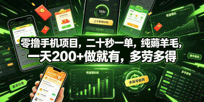 零撸手机项目，二十秒一单，纯薅羊毛，一天200+做就有，多劳多得【揭秘】-玩备项目资源网