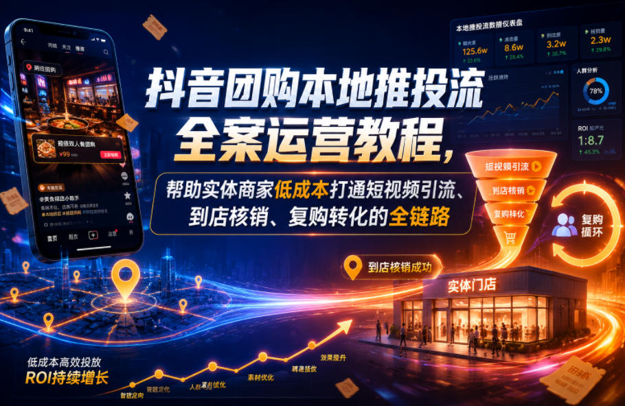 抖音团购本地推投流全案运营教程,帮助实体商家低成本打通短视频引流、到店核销、复购转化的全链路-玩备项目资源网