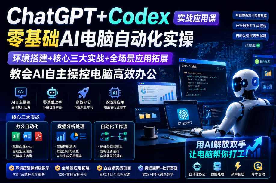 ChatGPT+Codex实战应用课｜零基础AI电脑自动化实操，环境搭建+核心三大实战+全场景应用拓展，教会AI自主操控电脑高效办公-玩备项目资源网