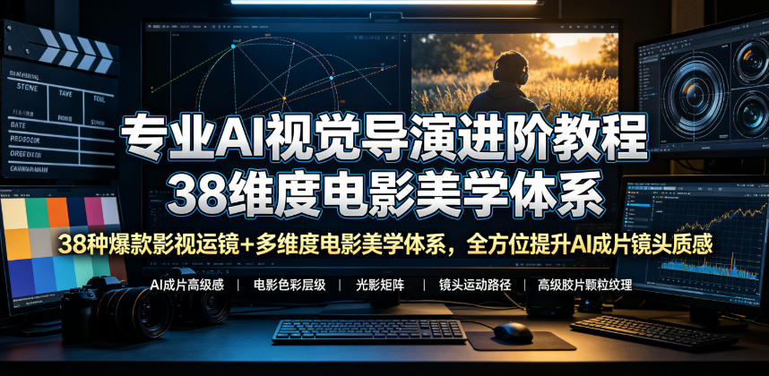 专业AI视觉导演进阶教程，38种爆款影视运镜+多维度电影美学体系，全方位提升AI成片高级感与镜头质感-玩备项目资源网