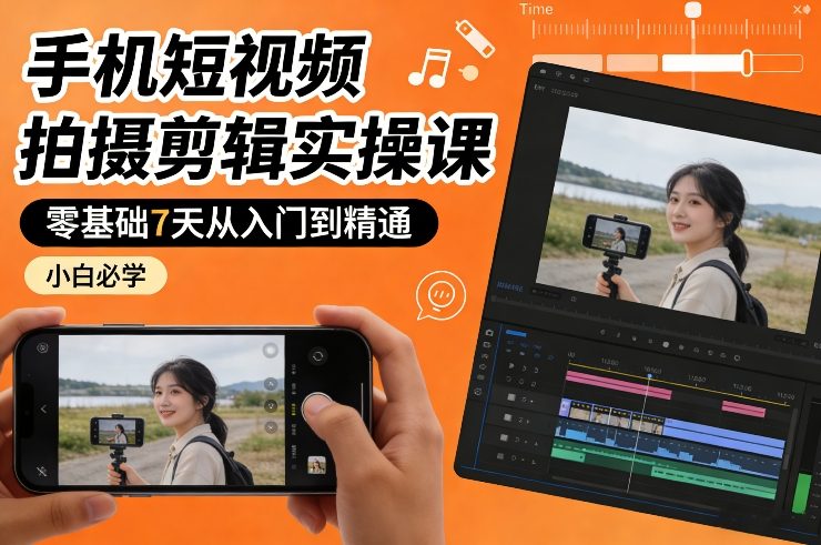 手机短视频拍摄剪辑实操课，零基础7天从入门到精通，小白必学-玩备项目资源网