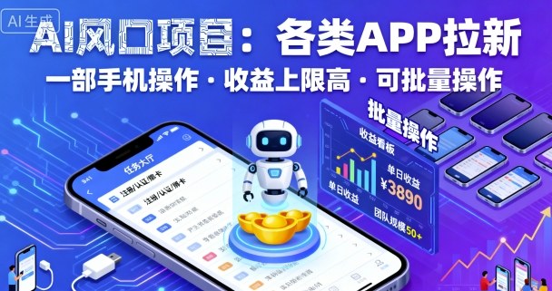 AI风口项目，各类APP拉新，一部手机就可以操作，收益上限高，可批量操作-玩备项目资源网