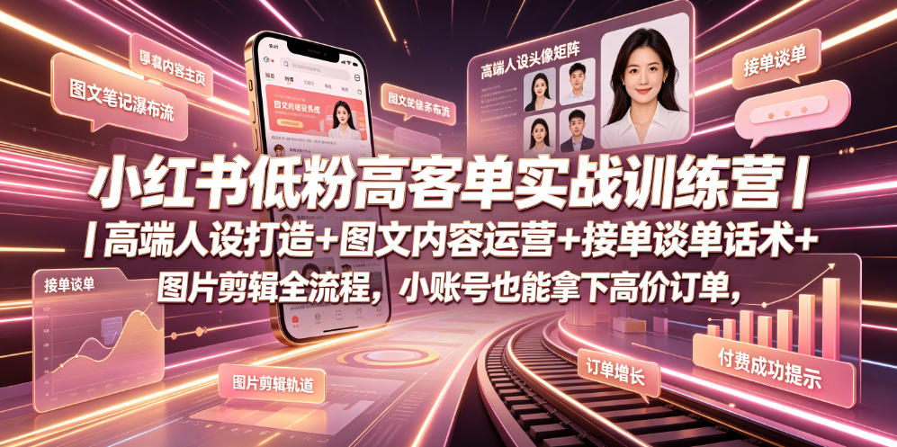 小红书低粉高客单实战训练营｜高端人设打造+图文内容运营+接单谈单话术+图片剪辑全流程，小账号也能拿下高价订单-玩备项目资源网