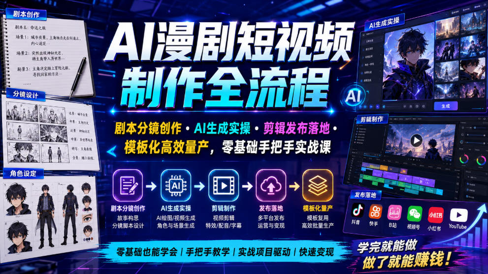 AI漫剧短视频制作全流程|剧本分镜创作・AI生成实操・剪辑发布落地・模板化高效量产,零基础手把手实战课-玩备项目资源网