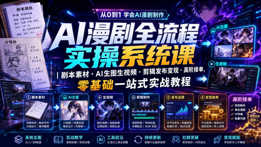 AI漫剧全流程实操系统课|剧本素材・AI生图生视频・剪辑发布变现・高阶接单,零基础一站式实战教程-玩备项目资源网