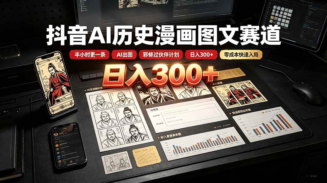 （19498期）抖音AI历史漫画图文赛道：半小时更一条×AI出图×邪修过伙伴计划×日入300+，零成本快速入局-玩备项目资源网
