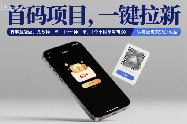 首码项目,一键拉新,有手就能做,几秒钟一单,1个小时单号可60+,认真做每天5张+收益【揭秘】-玩备项目资源网