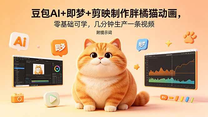 （18431期）豆包AI+即梦+剪映制作胖橘猫动画，零基础可学，几分钟生产一条视频，附提示词-玩备项目资源网